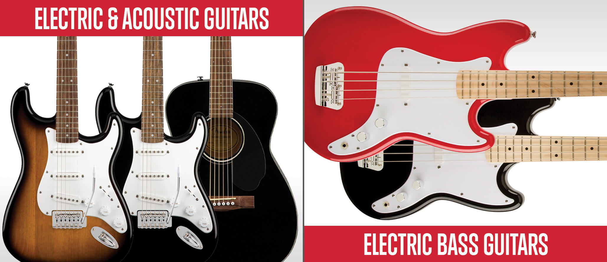 School of Rock sells electric guitars, acoustic guitars and bass guitars